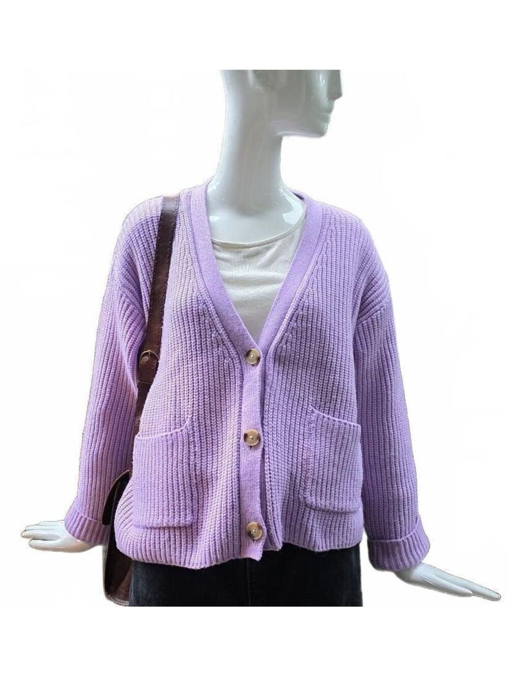 Hudson North  Boxy Relaxed Lilac V-Neck Button up Sweater With Front Pockets Lg.
